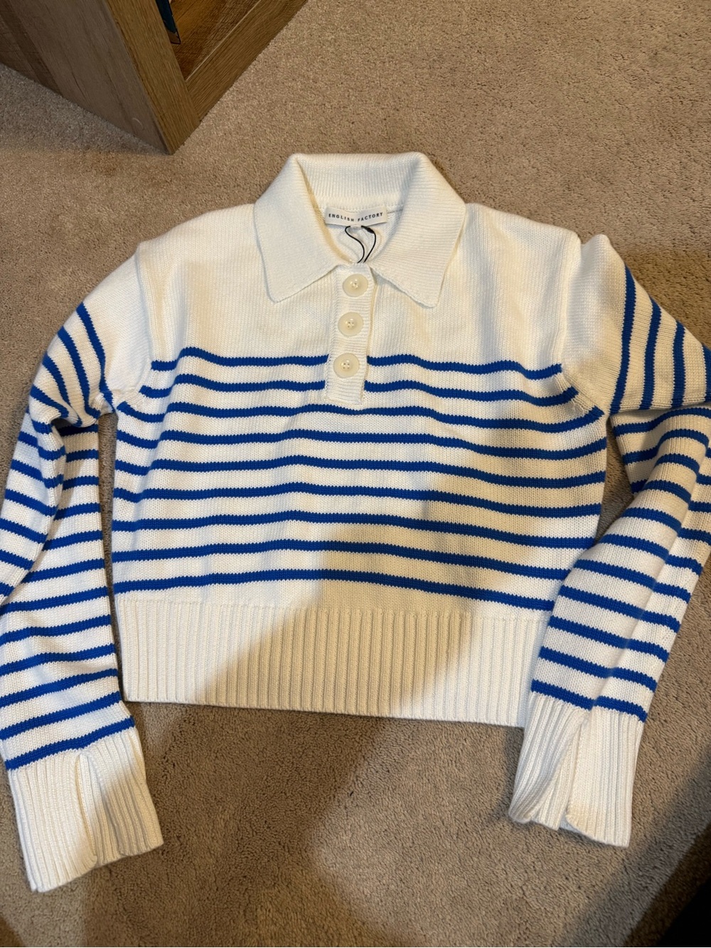 English Factory White & Blue Striped Polo Collar Sweater